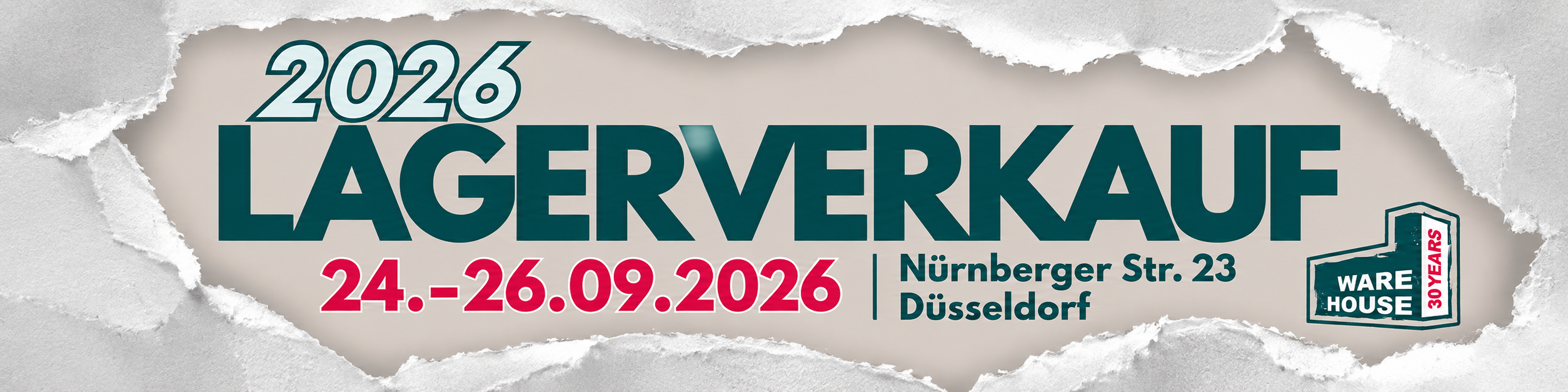 Lagerverkauf 2026 · 24.–26.09. · 30 Jahre Warehouse One