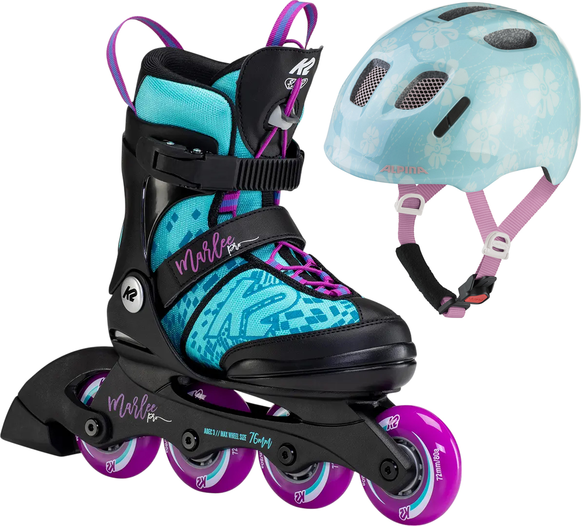 Artikelbild 1 des Artikels “MARLEE PRO Kinder Inline Skate light blue/purple inkl. ALPINA XIMO 2 aqua rose flower gloss 35-40 | 47-51“