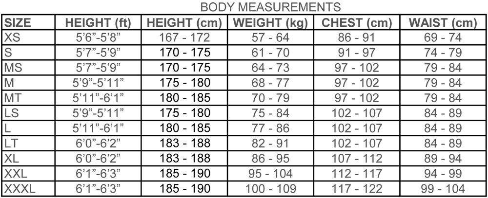Quiksilver Wetsuit Size Chart